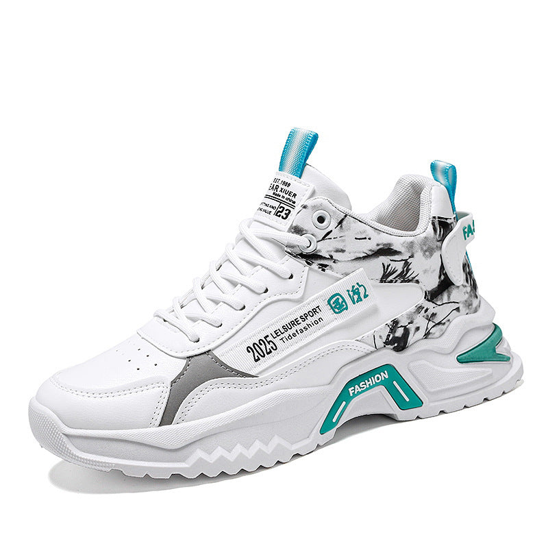 Men's casual dad shoes, white with gray panels and teal-blue accents, lace-up