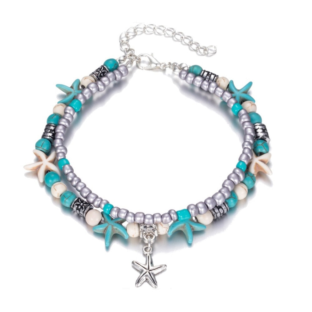 Turquoise and silver beaded anklet with starfish and star charms and star pendant