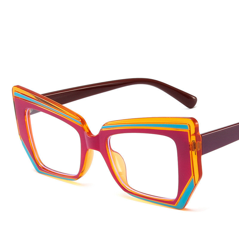 Retro square anti-blue glasses with red-orange front frame and dark temples.