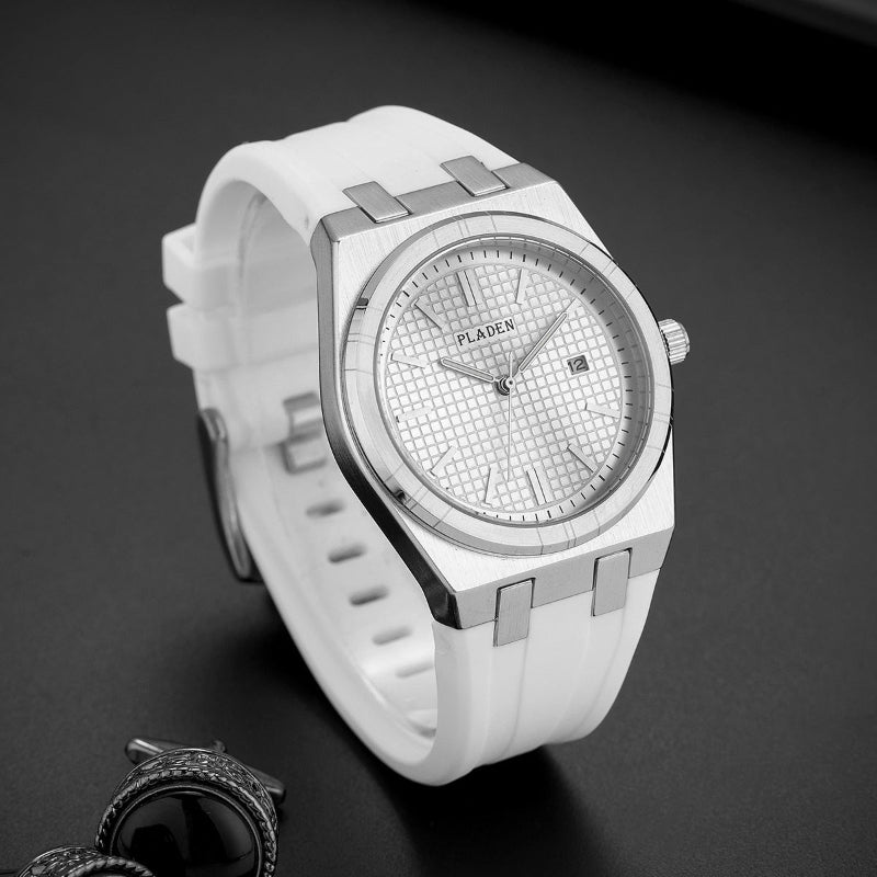 Men's quartz watch with white silicone strap, silver case, white dial, date at 12