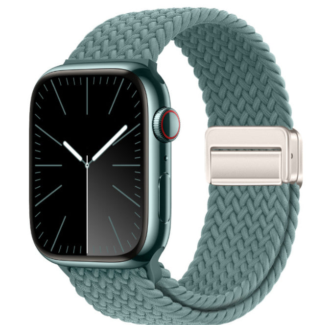Smartwatch with a teal braided band on a white background