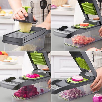 Collage of a vegetable chopper being used to slice various vegetables on a kitchen counter.
