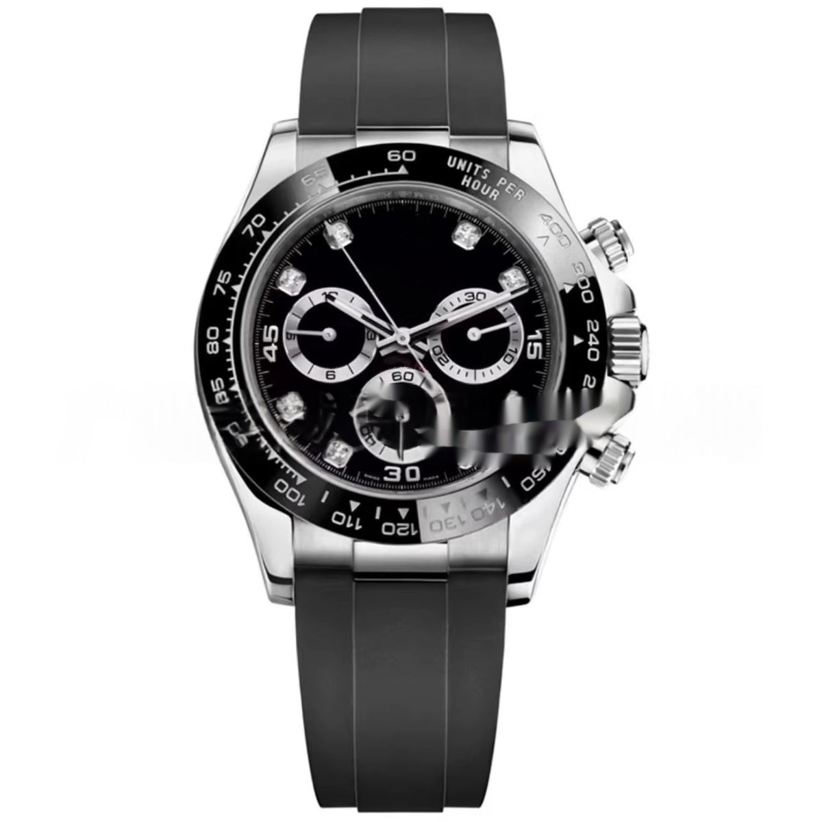 Mechanical wristwatch on black rubber strap, steel case; black dial with 3 subdials