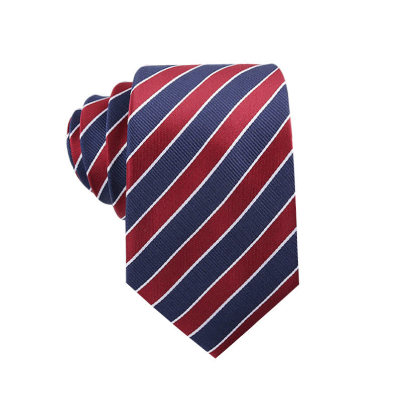 Men's necktie with navy base and red diagonal stripe pattern