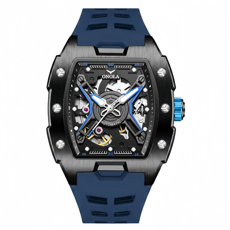 Men's sporty automatic mechanical watch with blue silicone strap and skeleton dial