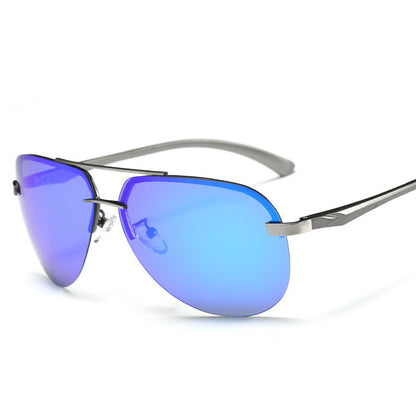 Sunglasses with blue reflective lenses and silver frame on a white background