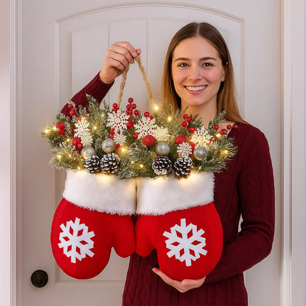 Christmas glove ornament pair with lit evergreen wreath, red snowflake gloves and white fur trim