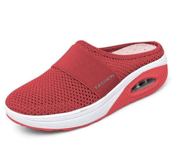 Red mesh slip-on clogs with air-cushion sole and knit fabric strap