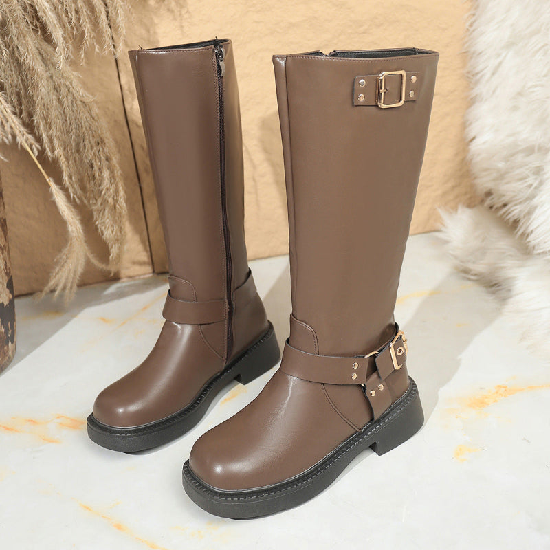 Pair of women's high-top boots with square heel and side belt buckle, medium brown