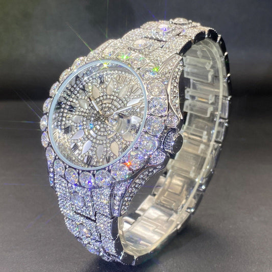 Luxury diamond-encrusted watch on a dark background