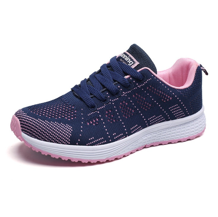 Breathable mesh sneakers, dark blue knit upper with pink accents and white sole