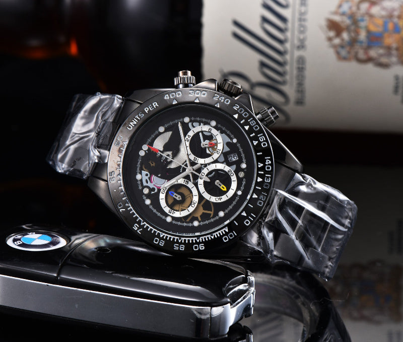 Men's quartz watch with steel link strap, black dial with multi-color subdials.