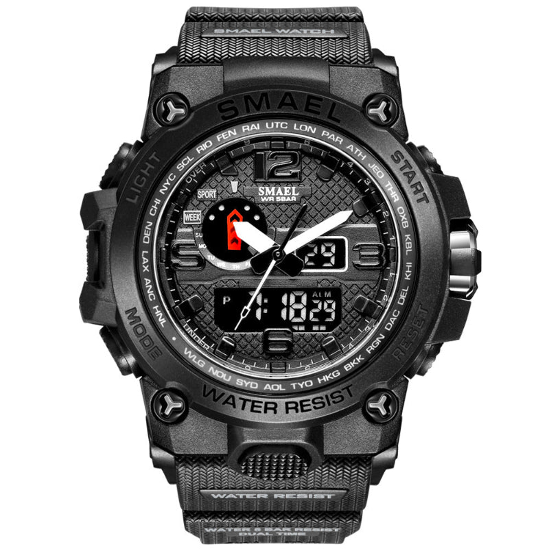 Men's sports alarm wristwatch with black case and dark strap, luminous digital face