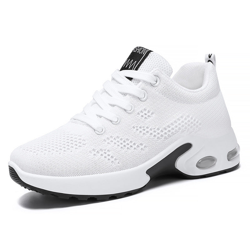 White lace-up knit running shoe with white air-cushion sole and breathable mesh upper