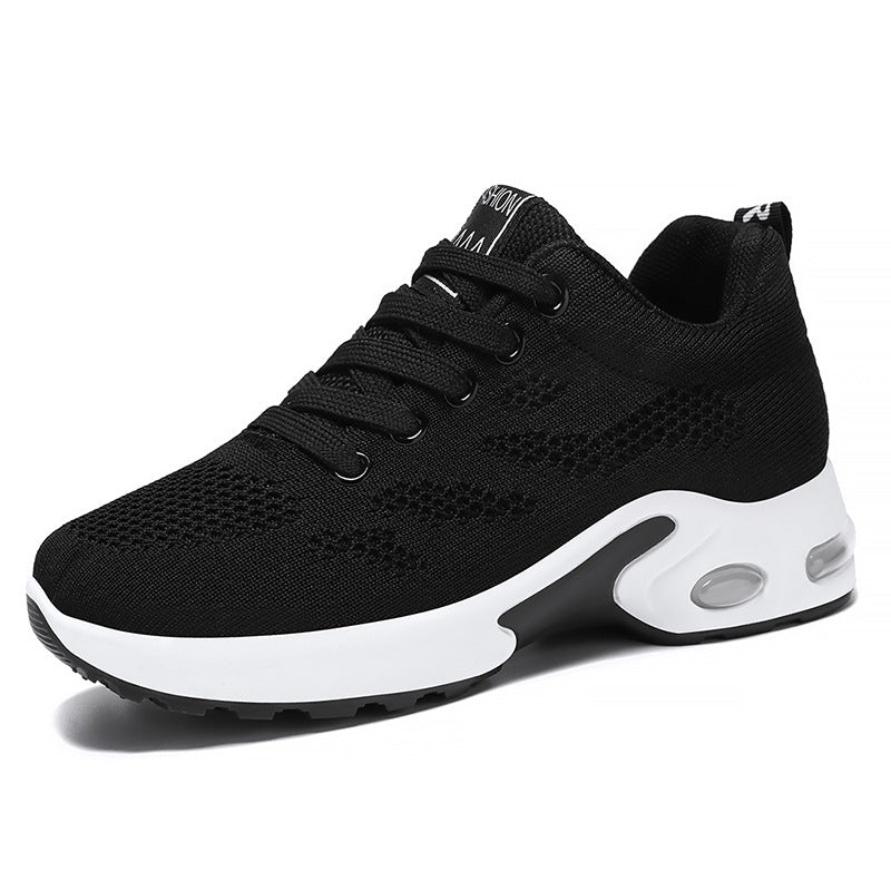 Black lace-up knit running shoe with white air-cushion sole and breathable mesh upper