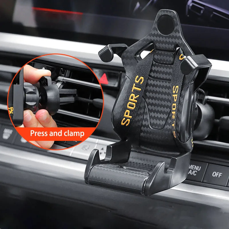 Racing seat car phone holder, black carbon-fiber look with golden ribbon accents