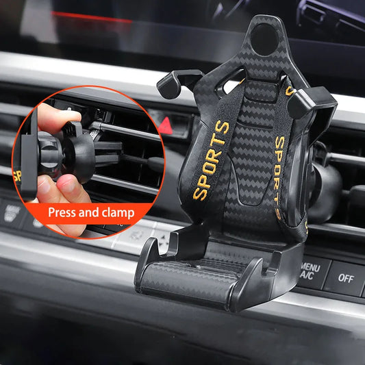 Racing seat car phone holder, black carbon-fiber look with golden ribbon accents