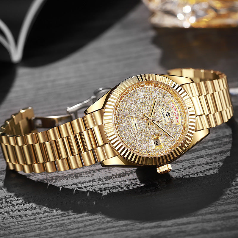 Gold-tone men’s automatic mechanical watch with crystal-studded gold dial and date window