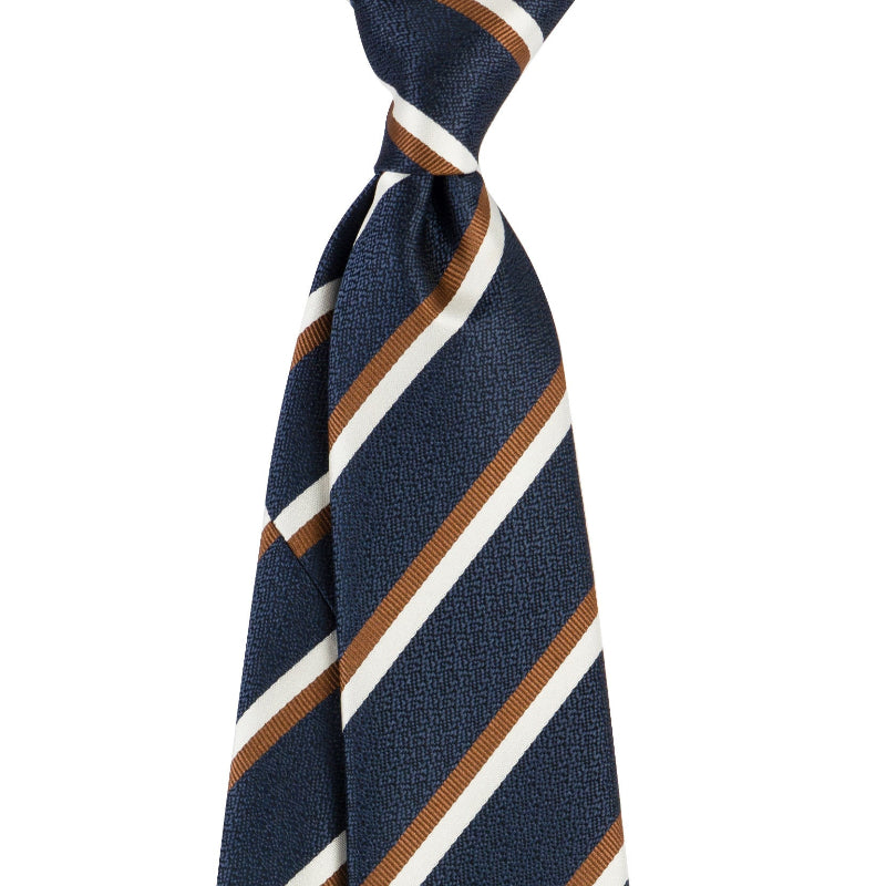 Men's tie in navy with tan and white diagonal stripe bands