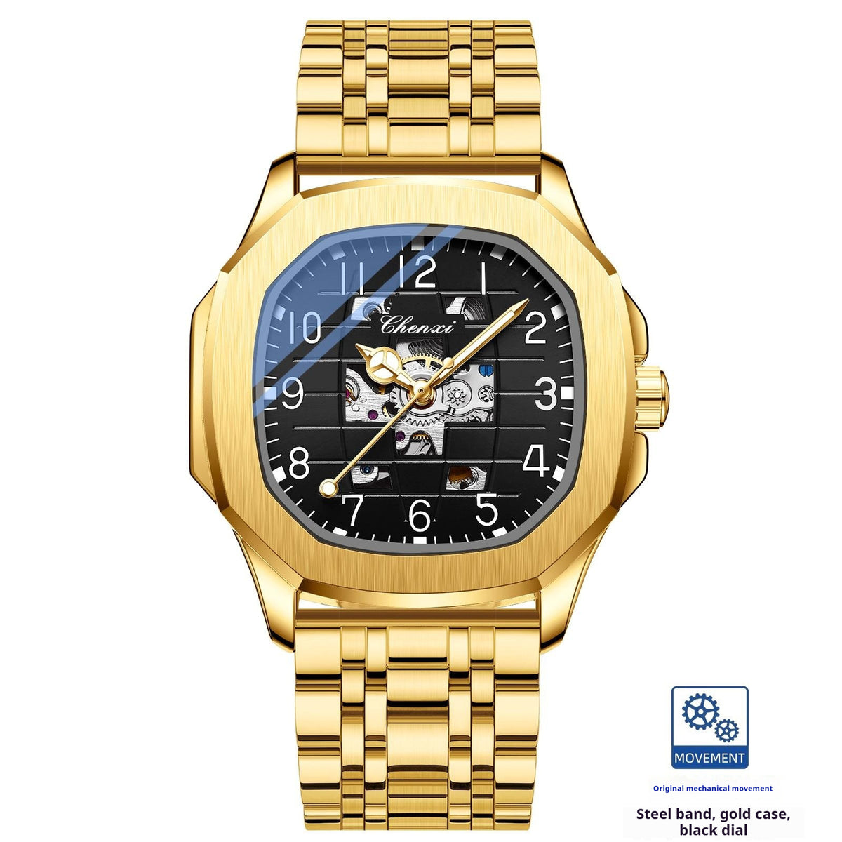 Men's square mechanical watch with gold steel band, gold case, blue dial