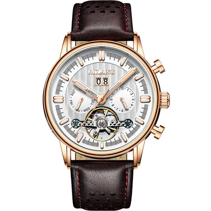 Luxury watch with brown leather strap and rose gold casing on white background