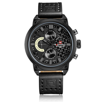 Black wristwatch with detailed face on a white background