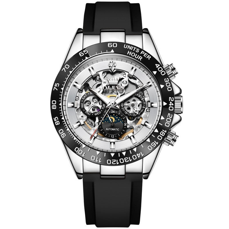 Wristwatch with black strap and detailed face on a white background