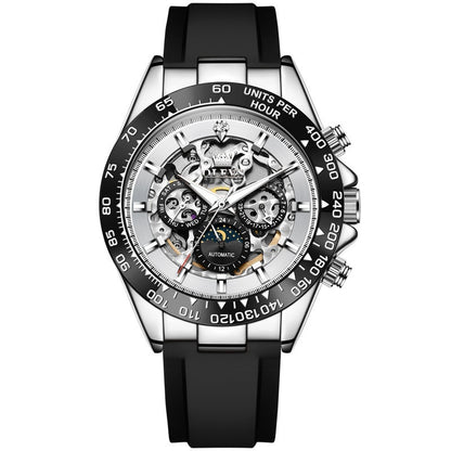 Wristwatch with black strap and detailed face on a white background