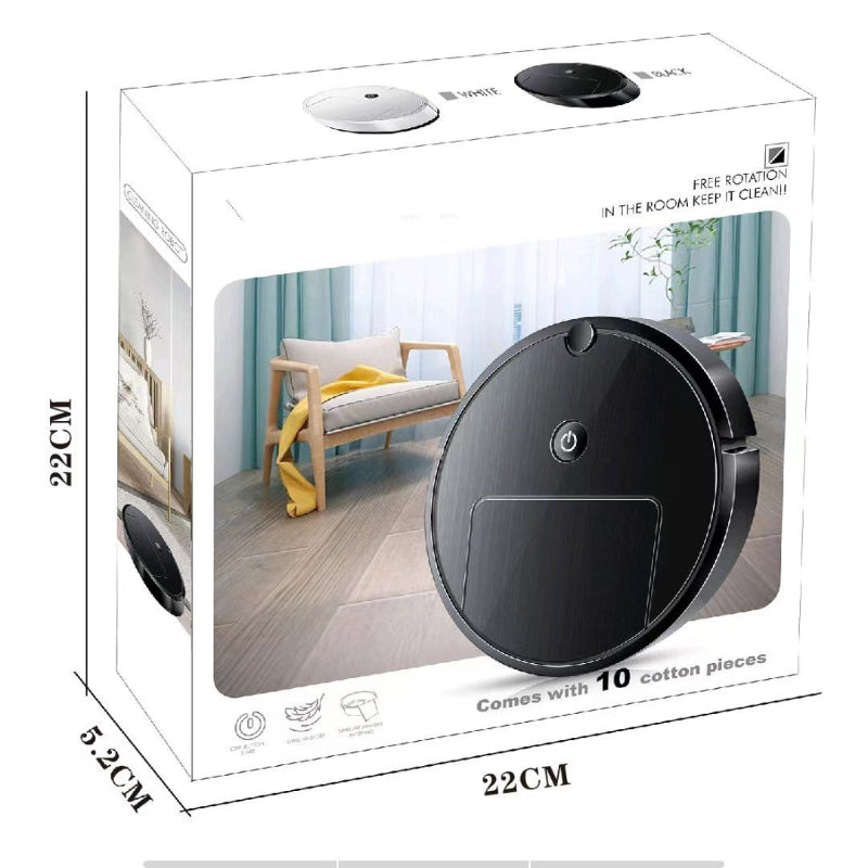 Robotic vacuum cleaner in packaging with dimensions and features displayed