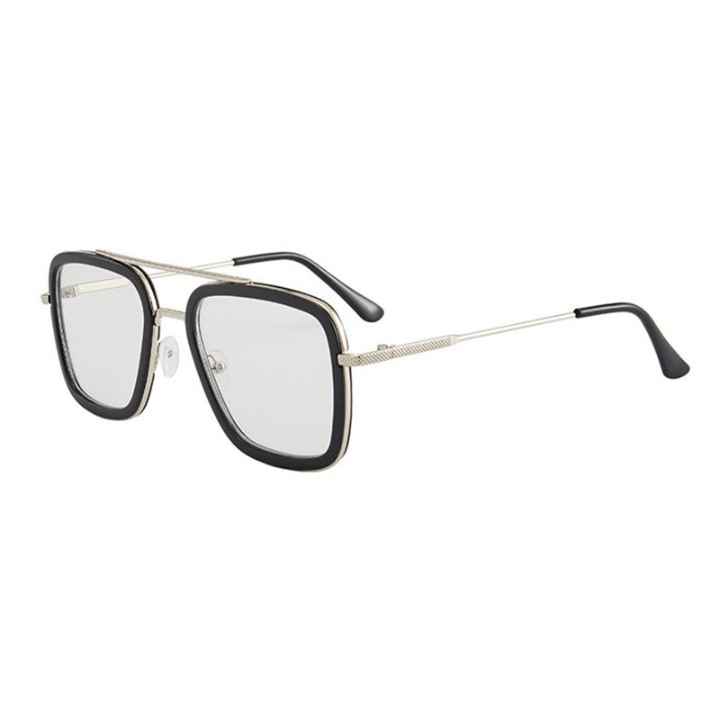 Square frame sunglasses with black frame, gold accents, and clear light lenses