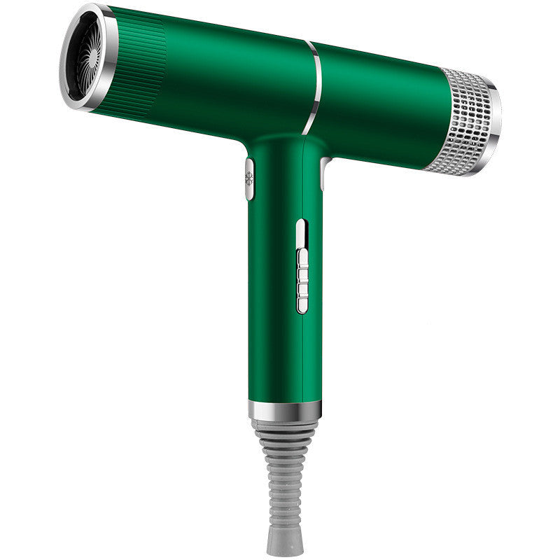 Green household hair dryer with concentrator nozzle and coiled power cord