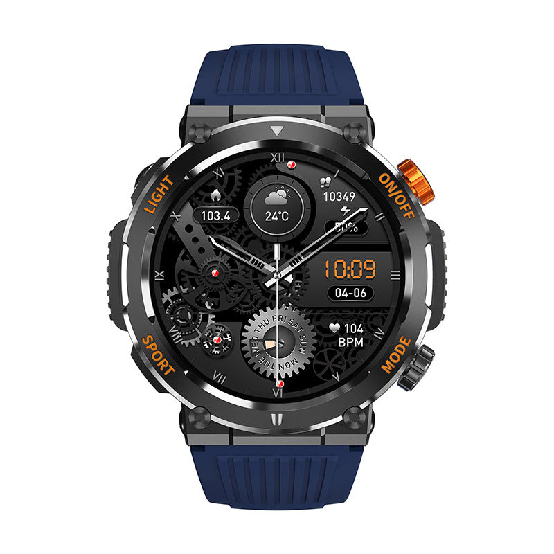 Navy sport smartwatch with round face, dark dial with activity icons, rubber strap