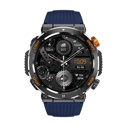 Navy sport smartwatch with round face, dark dial with activity icons, rubber strap