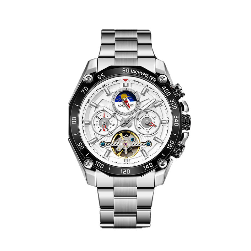 Men's automatic mechanical watch with silver metal bracelet and white multi-dial face
