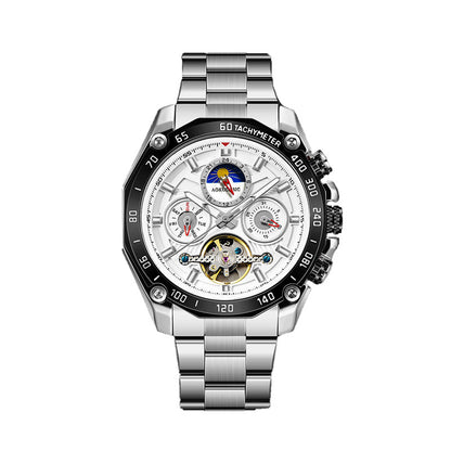Men's automatic mechanical watch with silver metal bracelet and white multi-dial face
