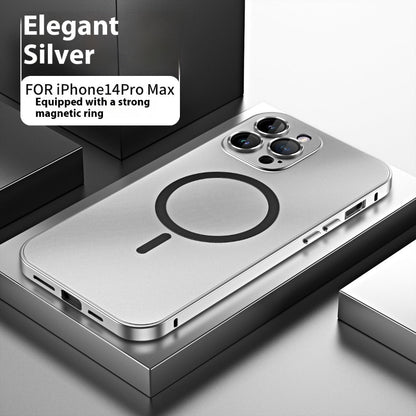Silver phone case for iPhone14Pro Max with magnetic ring feature on a gray surface.