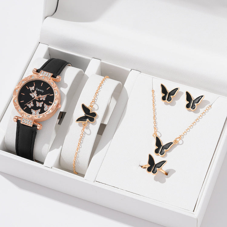 Rose-gold butterfly quartz watch with black leather strap, crystal bezel and butterfly dial