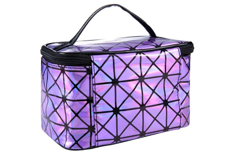 Holographic cosmetic bag, purple geometric print with black top handle and zipper