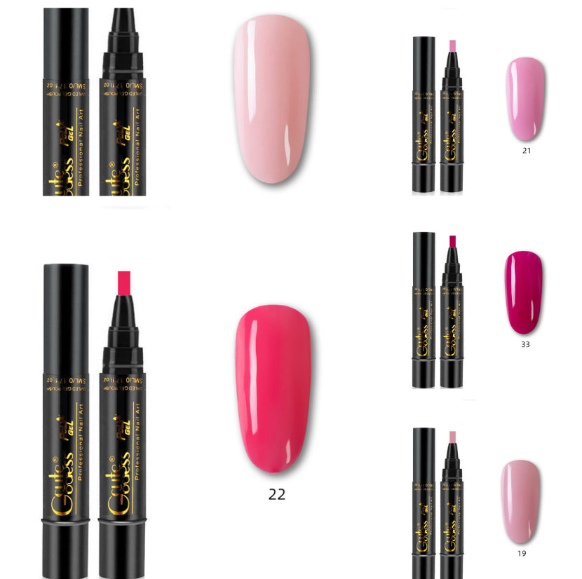 3-in-1 nail glue pen set with pink shade swatches and two applicator pens