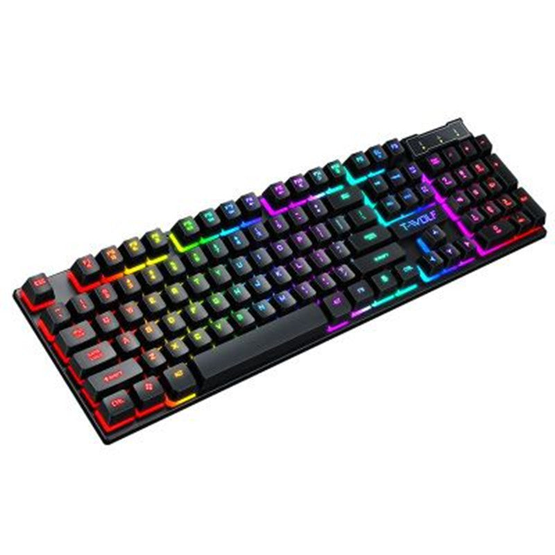 RGB gaming keyboard with rainbow backlit keys, red shortcut keys, and T-VOLF badge