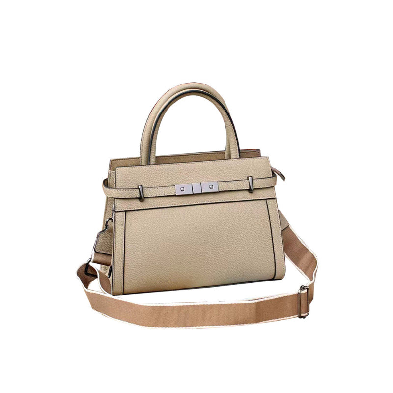 Small square leather shoulder bag with top handle and front clasp, light tan tone