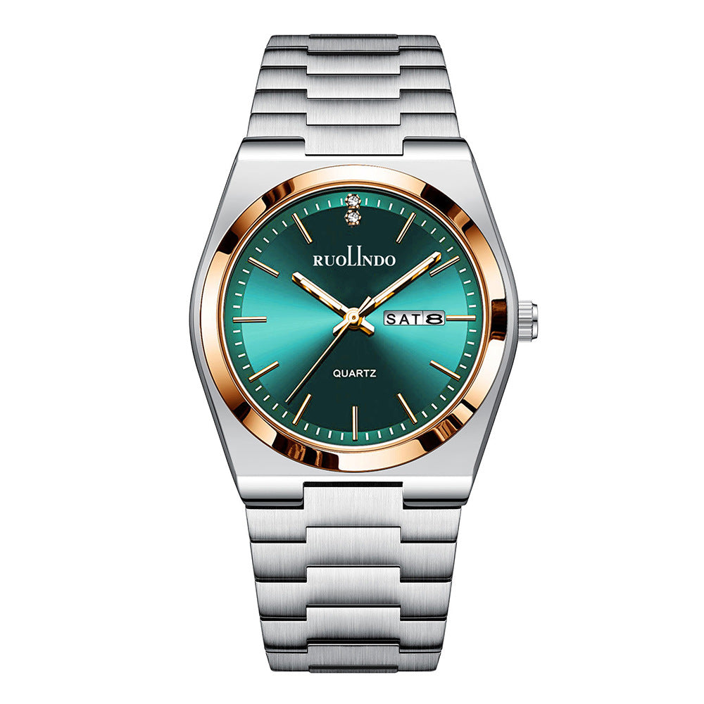 Day-date quartz watch with green dial and gold-tone bezel, silver metal bracelet, date window
