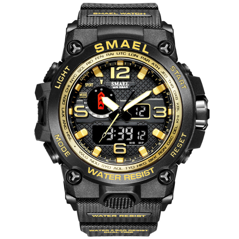 Men's sports alarm wristwatch with black case and black strap, gold-toned dial accents