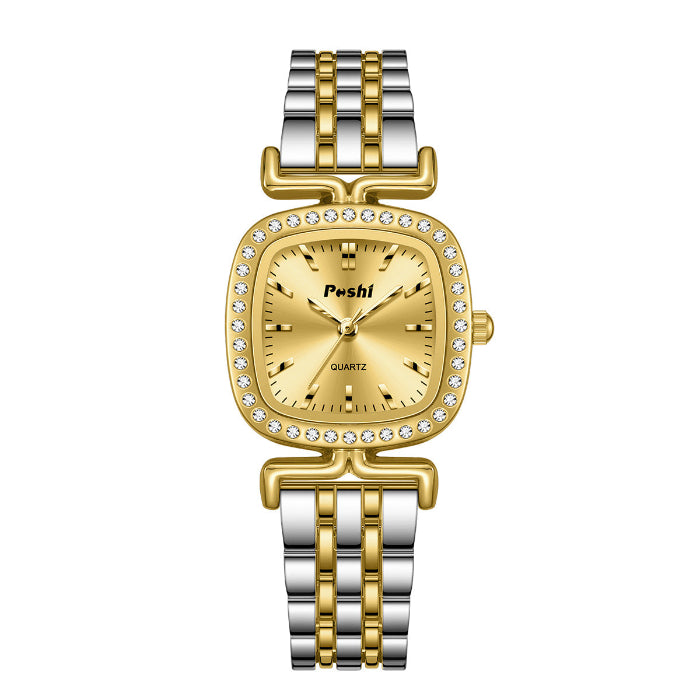 Women’s quartz watch with diamond bezel, gold dial, and two-tone gold and silver band
