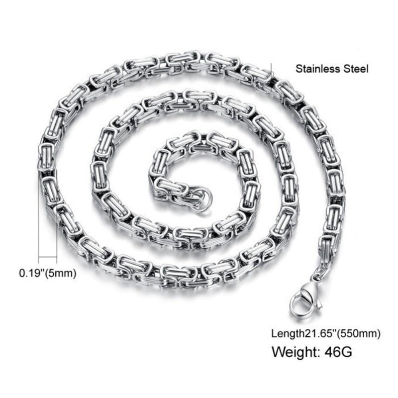 Stainless steel chain necklace with specifications on a white background