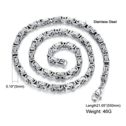 Stainless steel chain necklace with specifications on a white background
