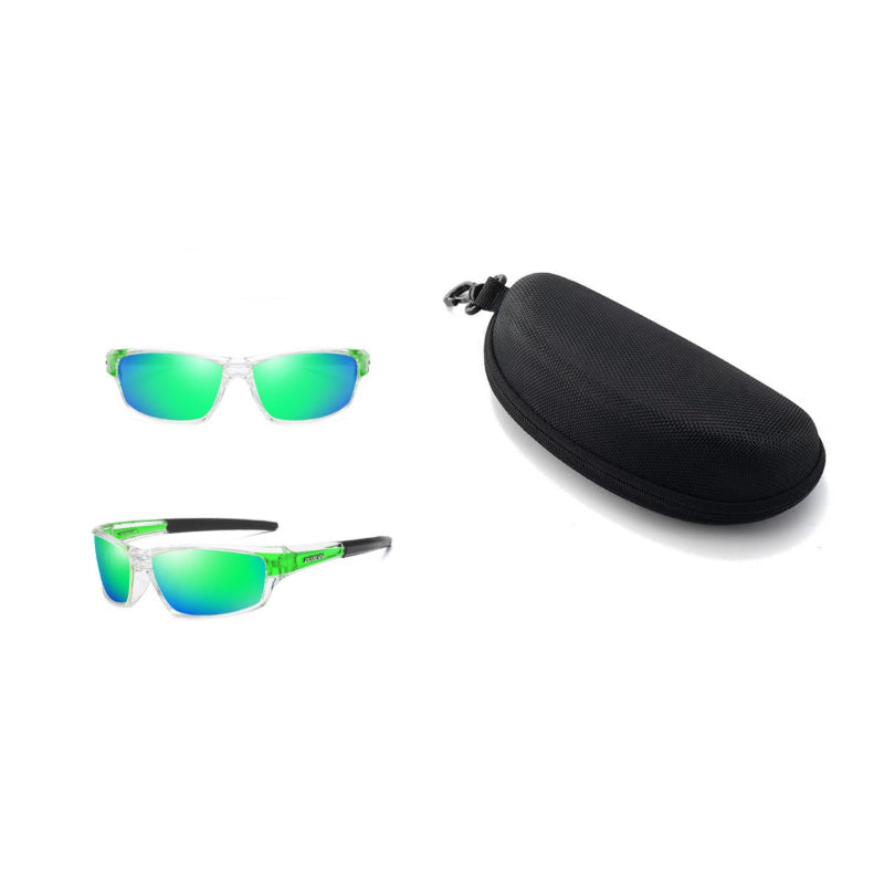 Polarized sports sunglasses with green mirrored lenses, green frame, with protective case