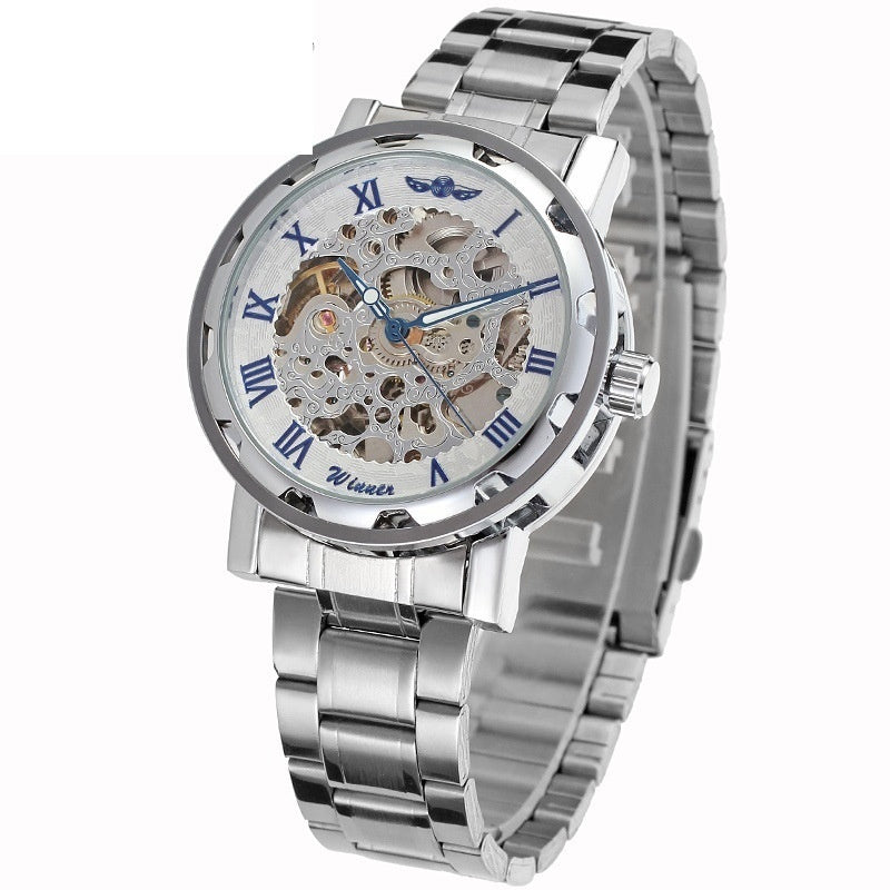 Stainless steel mechanical skeleton watch with Roman numeral bezel and blue accents