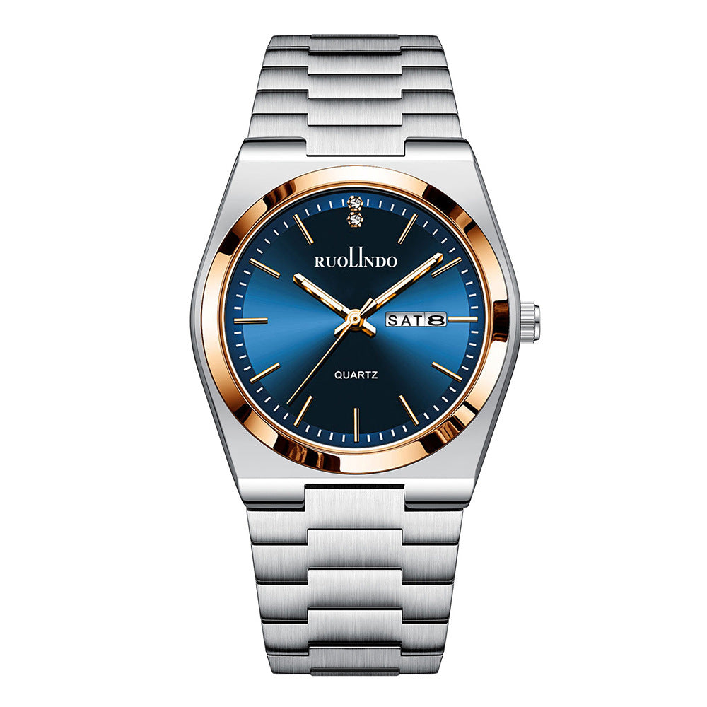 Day-date quartz watch with blue dial, rose-gold bezel, silver metal bracelet, date window
