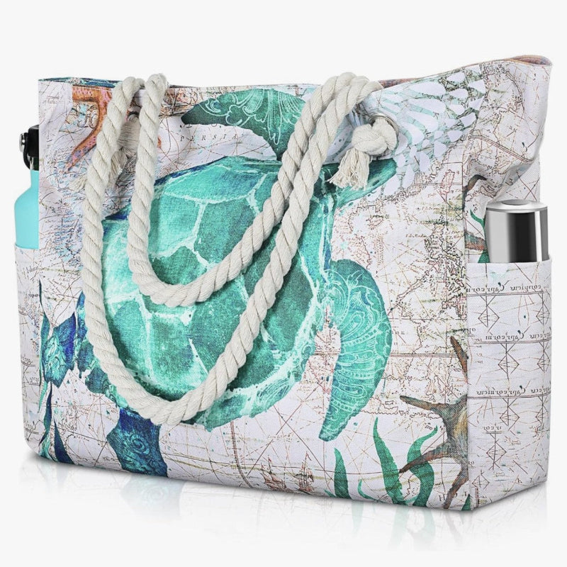 Printed polyester shoulder bag with vintage map print, braided rope handles, open top